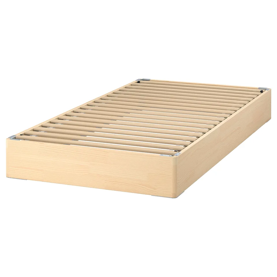 Light-colored wooden bed base with slats, high edges, simple design.