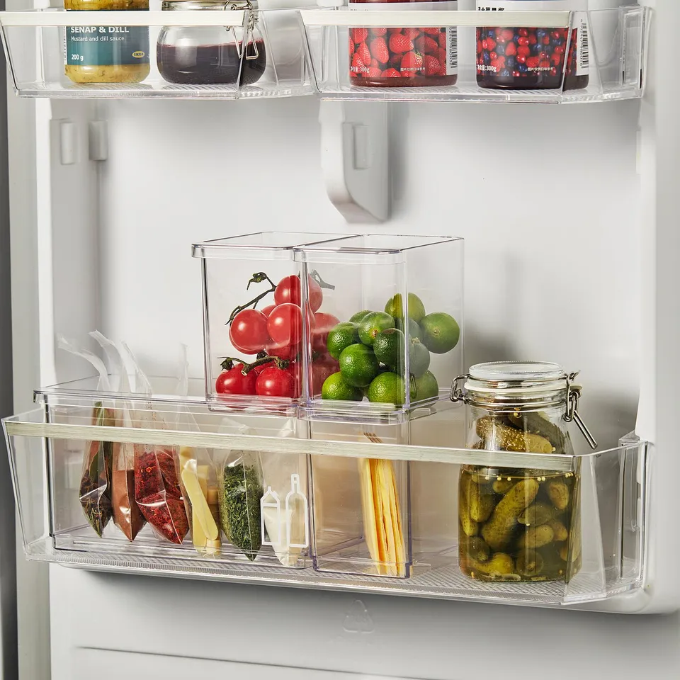 Fridge storage boxes keep items organised, visible, and easily accessible. Stackable design maximises space.