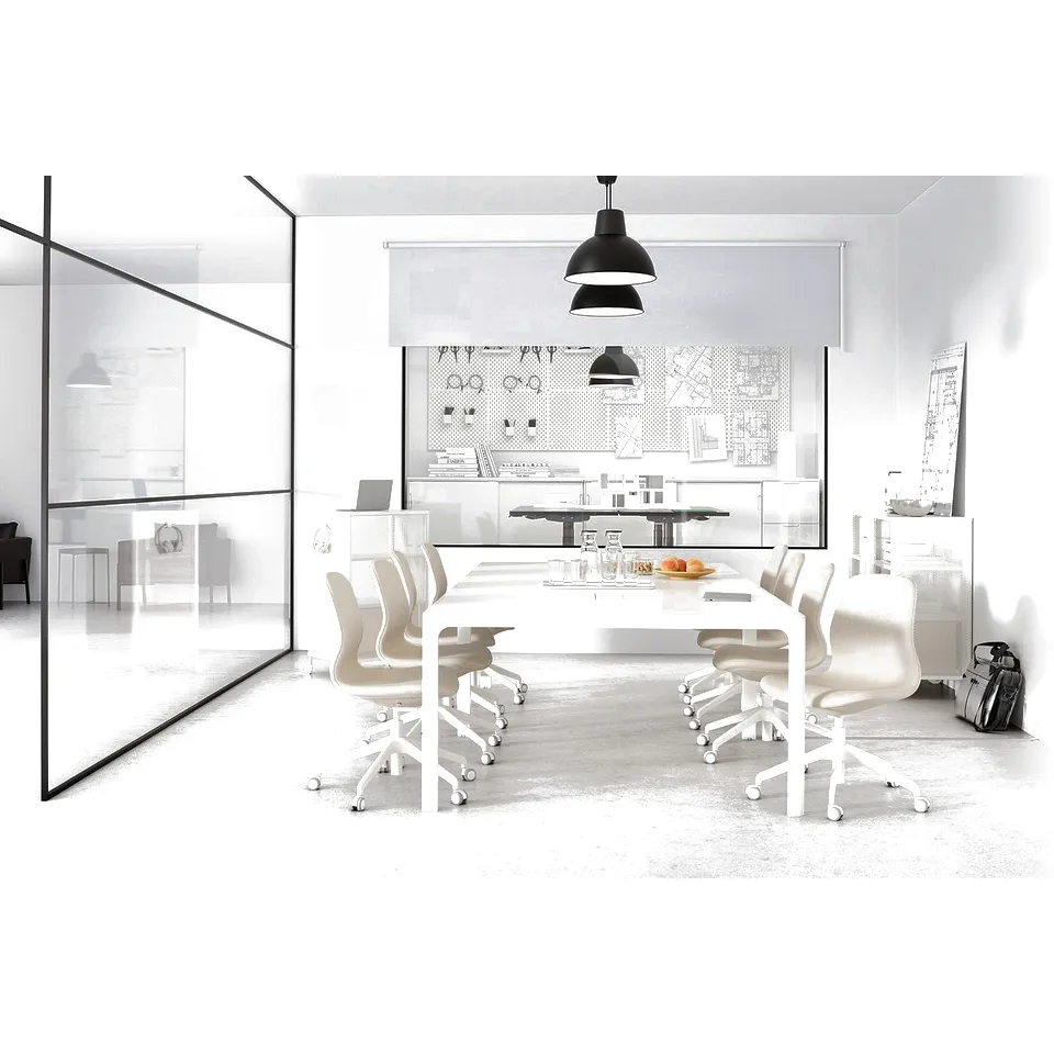 Minimalist office with LÅNGFJÄLL table, adjustable chairs, pendant lamp, and glass partitions.