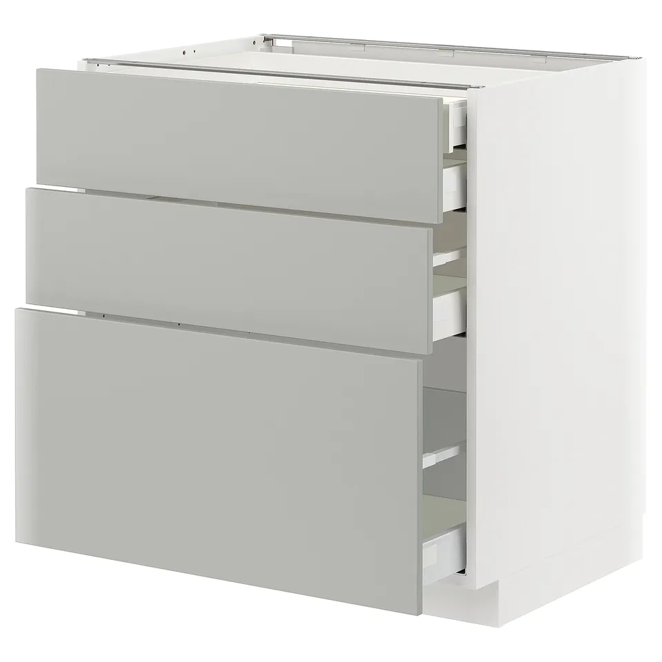 Modern light grey kitchen cabinet with multiple drawers and sleek design.