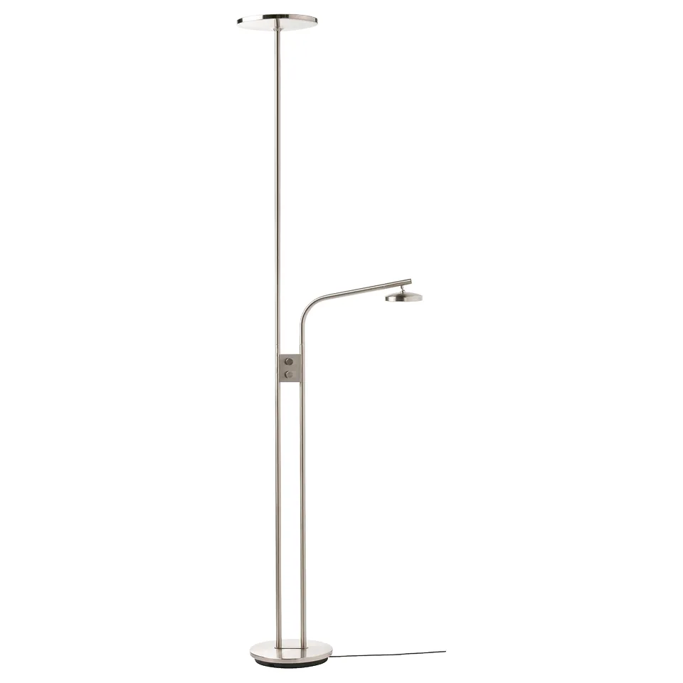 A modern, sleek floor lamp named ISJAKT in nickel finish. It an adjustable reading light and an uplighter.