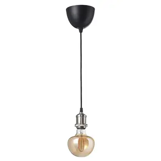 JÄLLBY / MOLNART pendant lamp with light bulb, textile nickel-plated/mushroom brown clear glass, 1.4 m