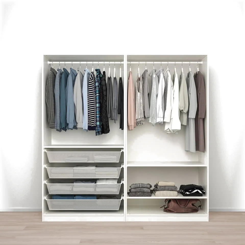 PAX wardrobe with clothes hangers and shelves, featuring mesh storage bins.