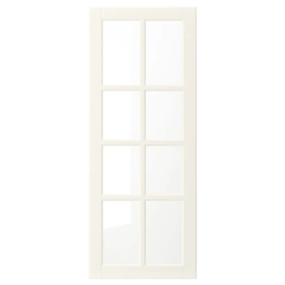A white BODBYN cabinet door with a classic design, featuring squared panels and a smooth lacquered finish.