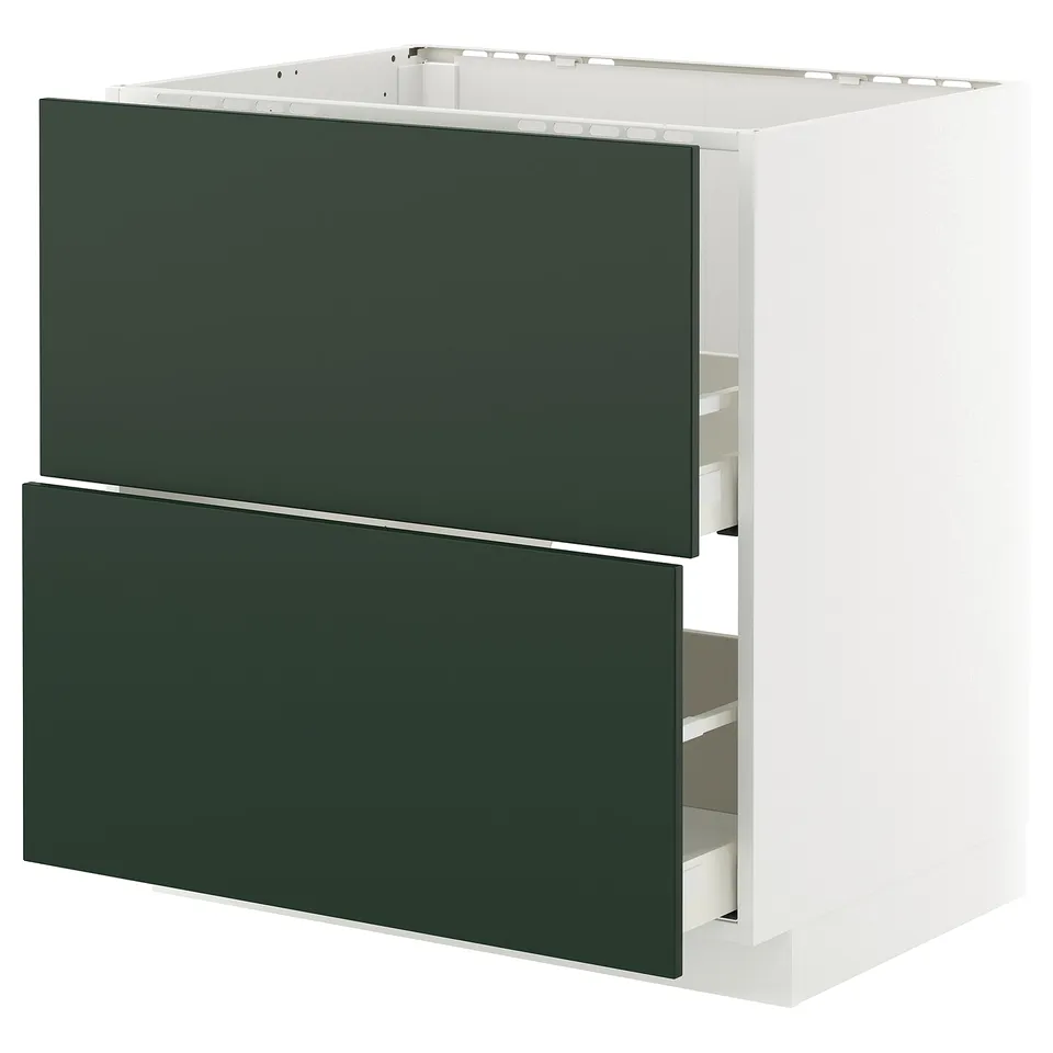 METOD white & green kitchen cabinet with drawers.