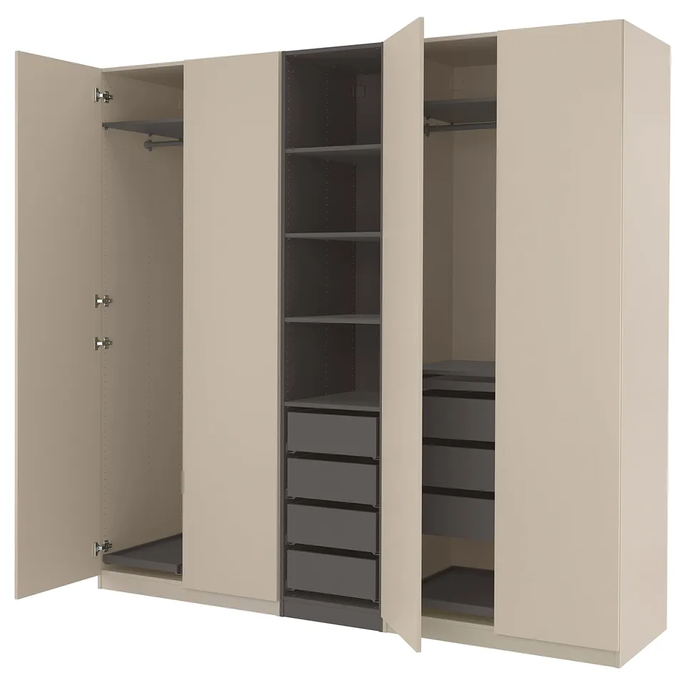 Depicts an open beige PAX wardrobe with shelves and drawers, featuring a modern, minimalist design.