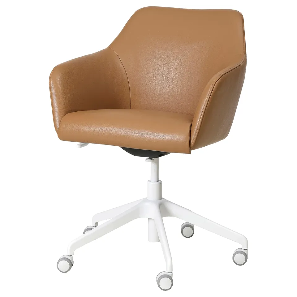 Brown leather TOSSBERG swivel office chair with white metal base and wheels, ergonomic and padded.