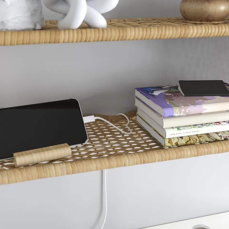 Shelves with books, tablet, and decor. Includes rattan wall shelf with cable management slot.