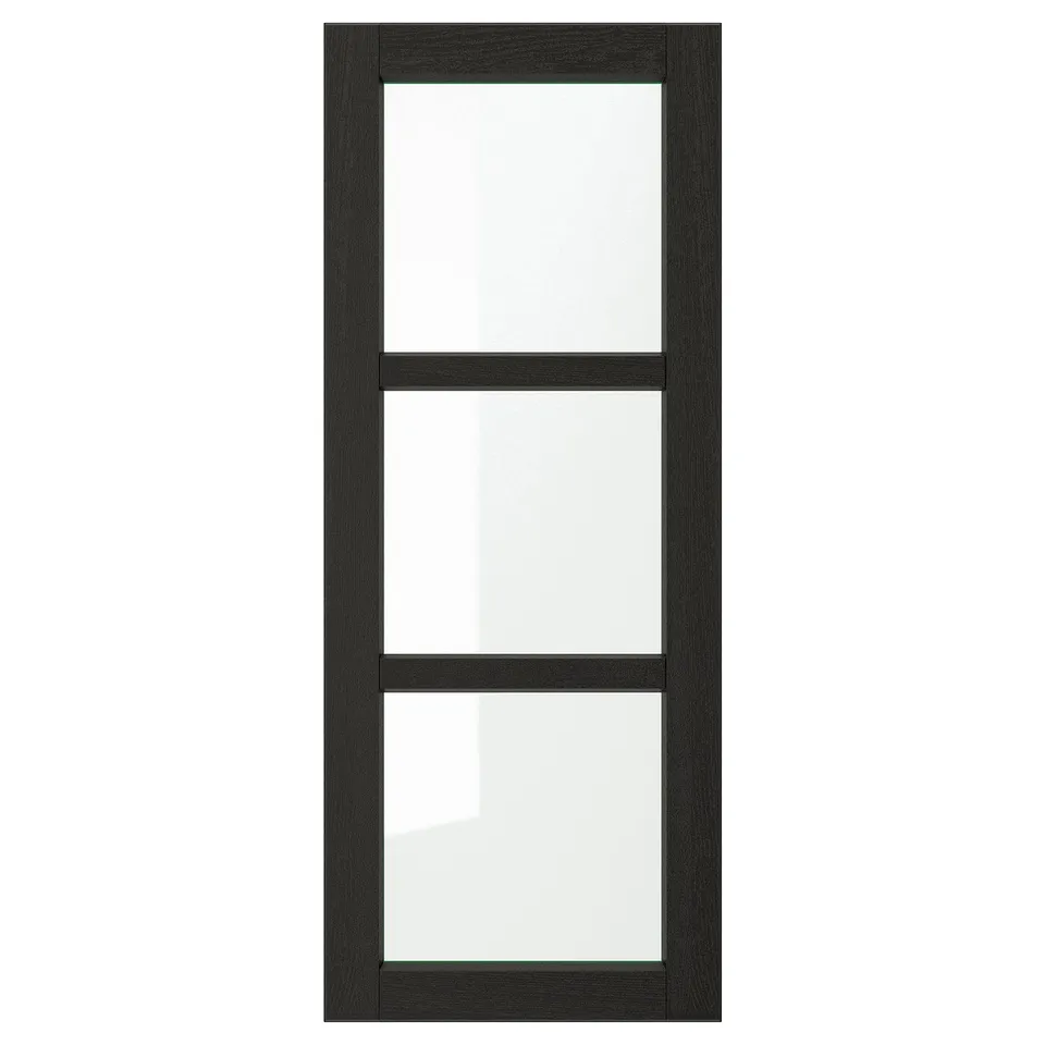 LERHYTTAN black wooden kitchen door with squared glass panels and bevelled edges.