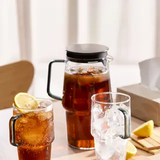 jug x1 + 520ml glass with handle x2 set: jug with lid + glass with handle ×2, clear glass, Height 22 cm