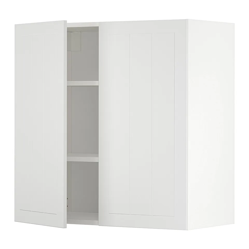 White METOD wall cabinet with one open door, showing adjustable shelf.