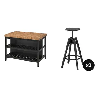 DALFRED/VADHOLMA set: kitchen island + bar stool x2, black/oak + black, 126x79x90 cm