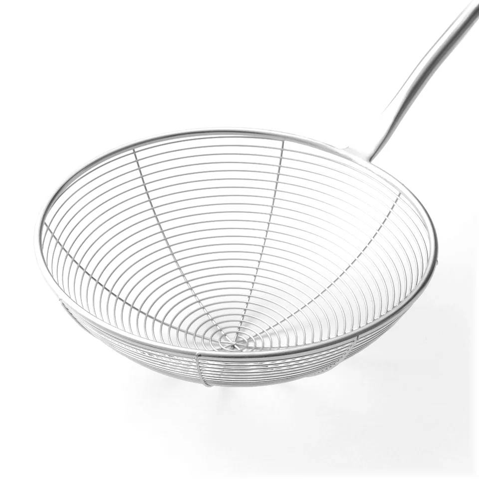 Stainless steel skimmer with long handle for expert cooking.
