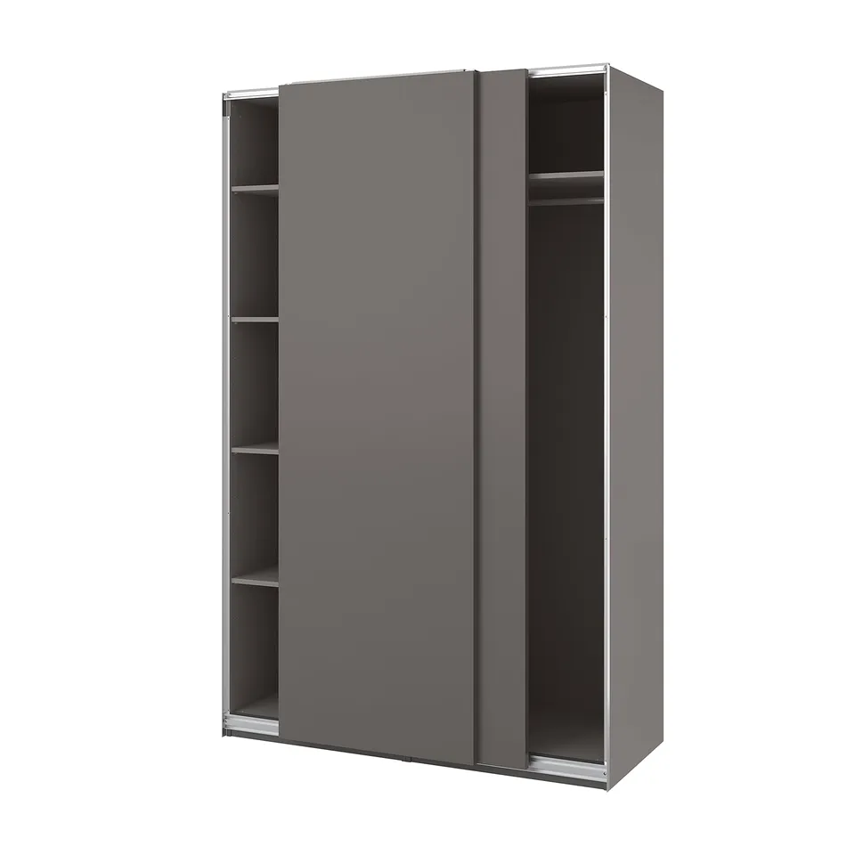 Modern PAX wardrobe in grey with sliding doors, minimalist design, made from particleboard and laminate, offers spacious storage.