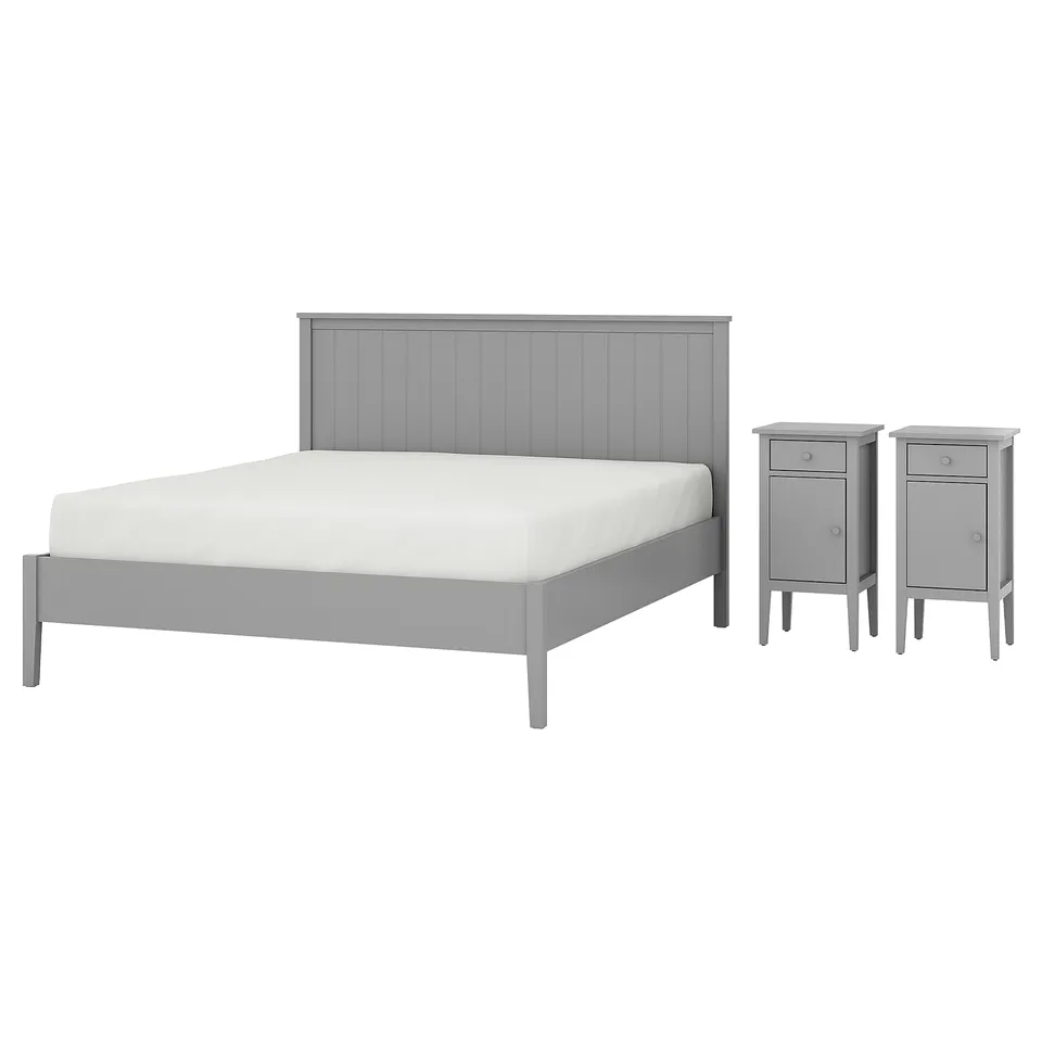 Modern grey bed set with wooden headboard and nightstands. Clean, simple design for minimalist bedroom.