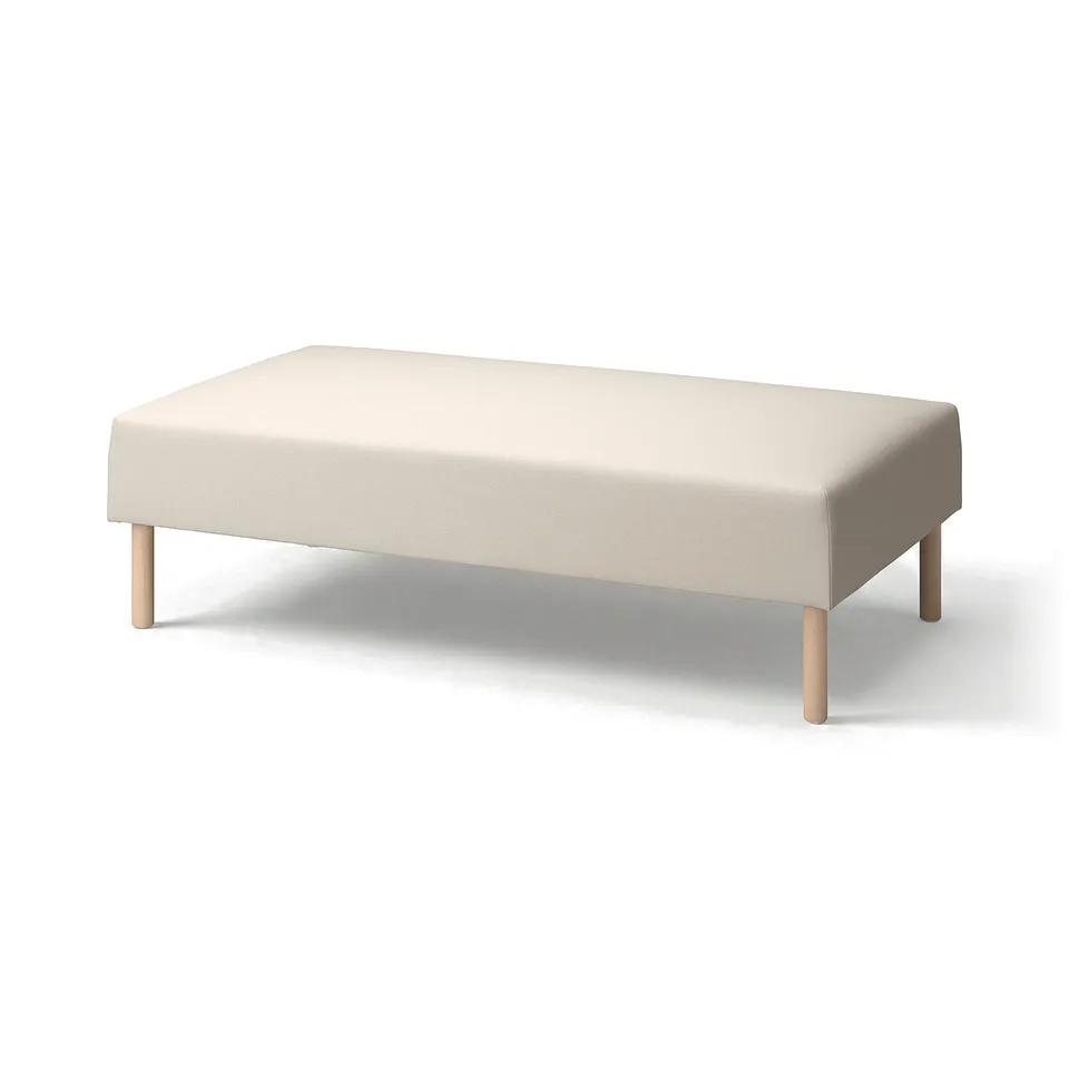 The LILLEHEM, a beige, rectangular ottoman with a smooth upholstery and four wooden legs. It a modern, minimalist design.