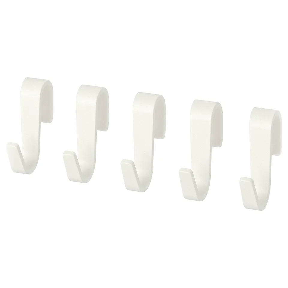 Four white plastic wall hooks arranged in a line, designed for kitchen storage.
