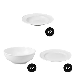 VARDAGEN set: deep plate + bowl x2 + side plate x2, white, Height 4 cm
