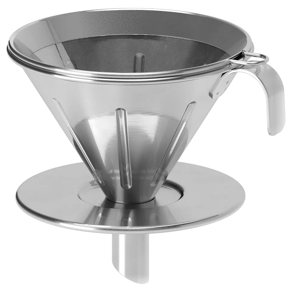 Silver metal coffee philtre with handle, cone-shaped, reusable and easy to clean.