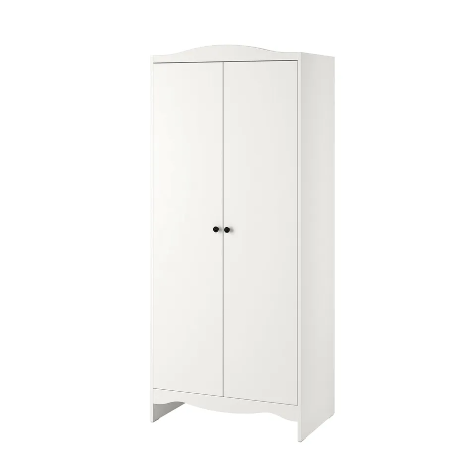 White SMÅGÖRA wardrobe, tall, rectangular, two doors with round knobs, wooden.