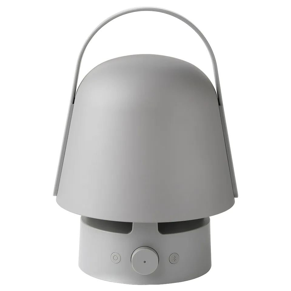 Grey VAPPEBY speaker lamp with handle, bluetooth & ambient light, modern design.