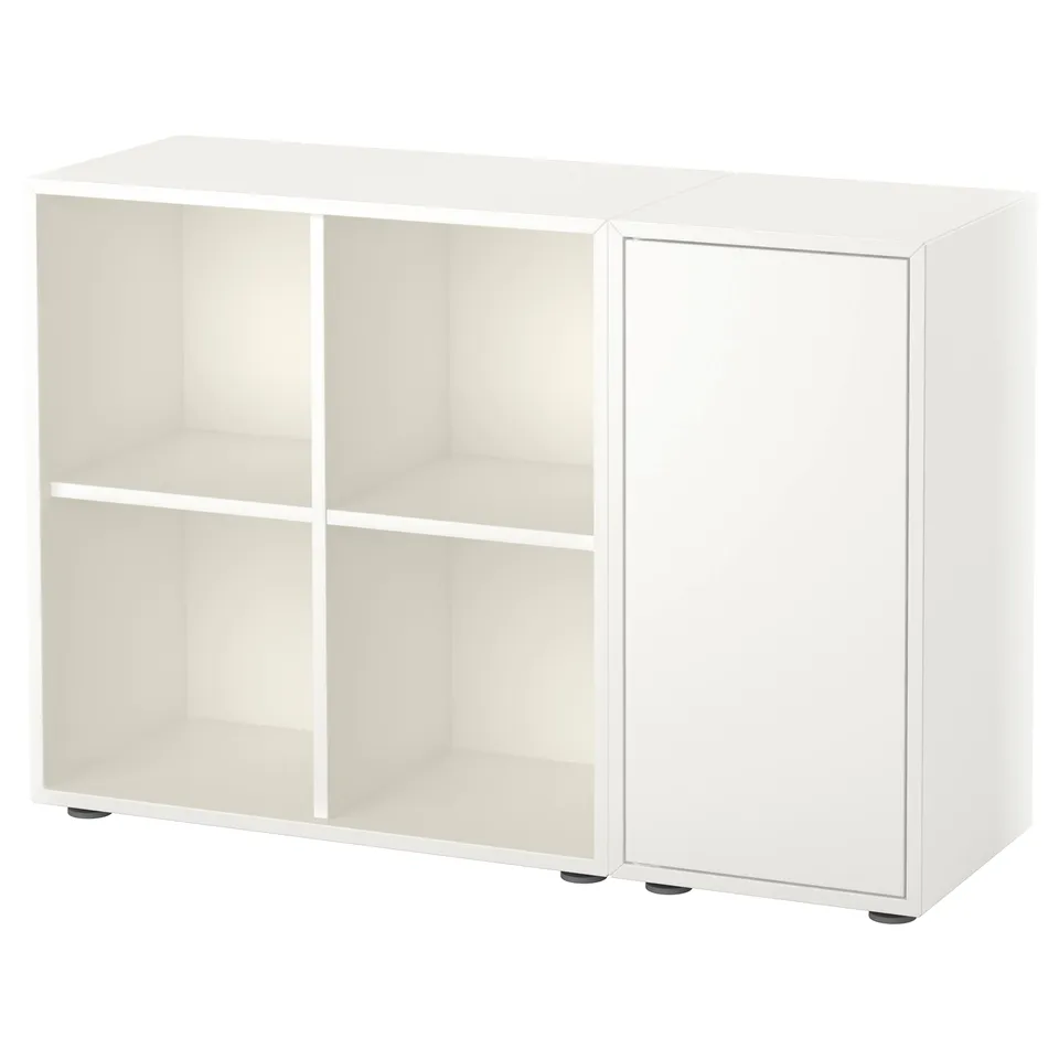 White EKET storage unit with four compartments and adjustable feet.
