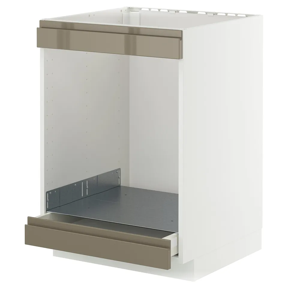 A white ikea METOD kitchen cabinet with a stainless steel trim and a pull-out drawer.