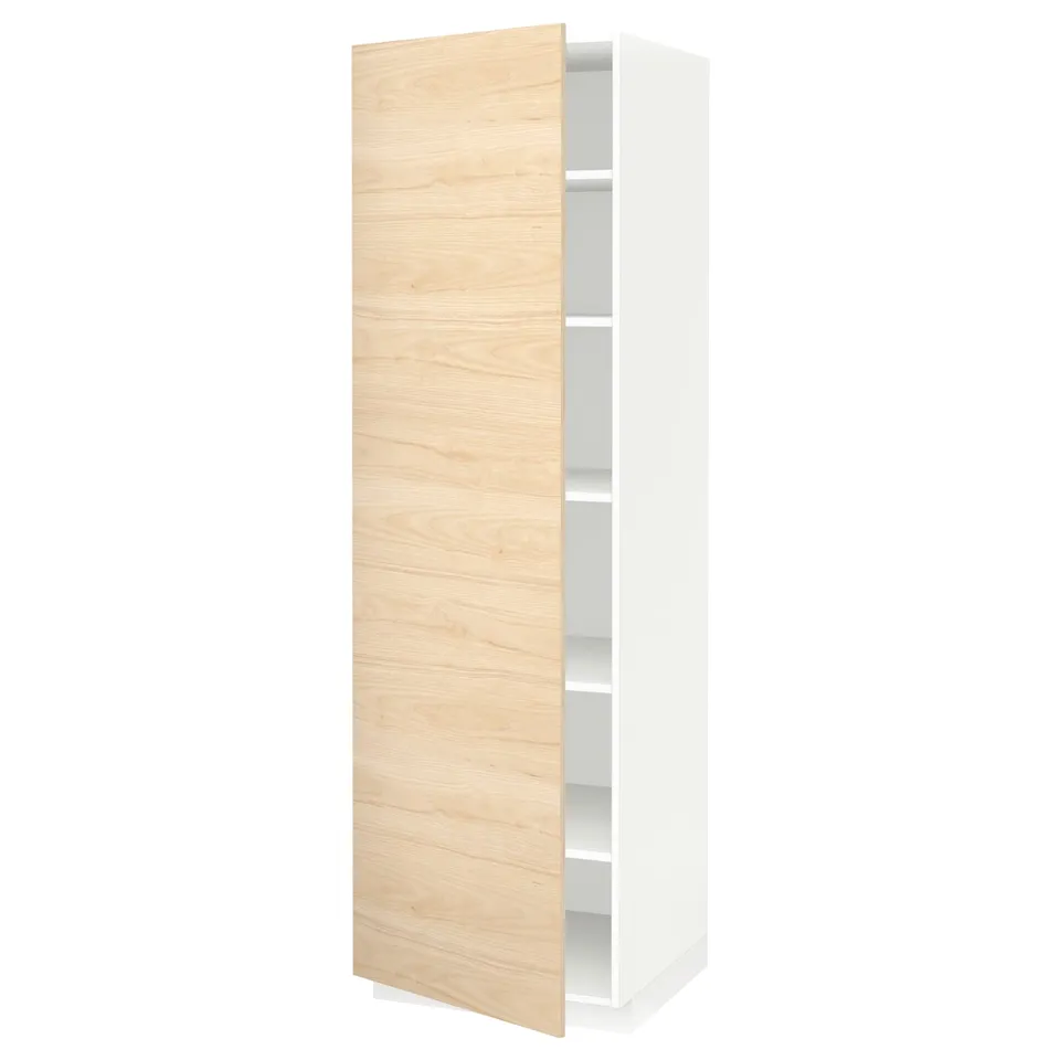 A tall white cabinet with light ash wooden doors and adjustable shelves.