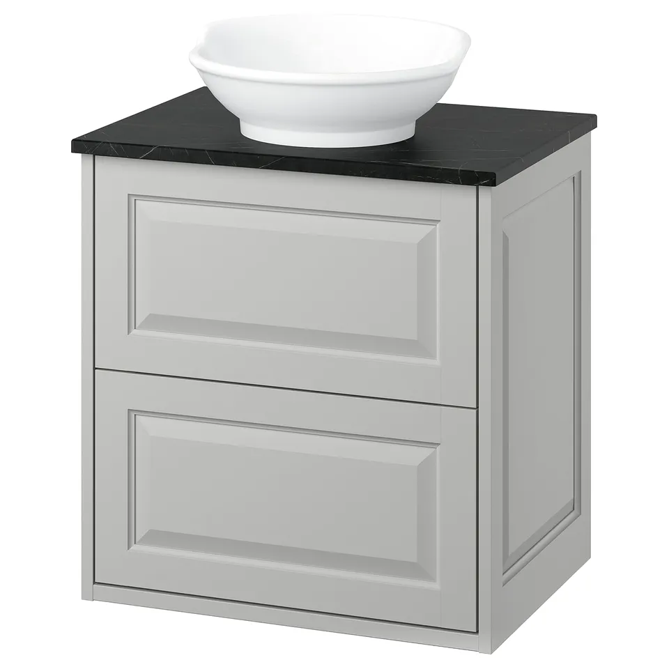 TÄNNFORSEN light grey bathroom cabinet with black marble counter, sink.