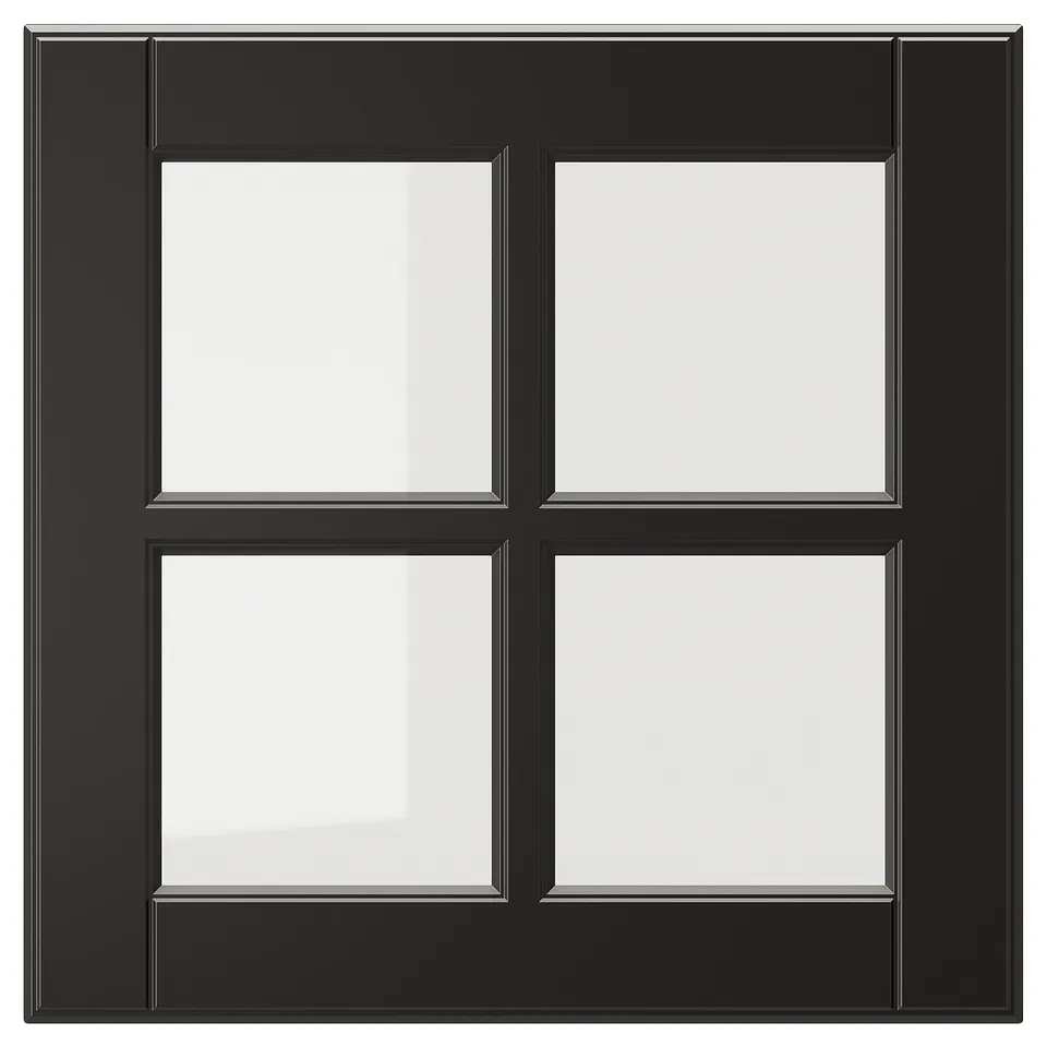 Black BODBYN glass door with bevelled frame, square shape, modern design.