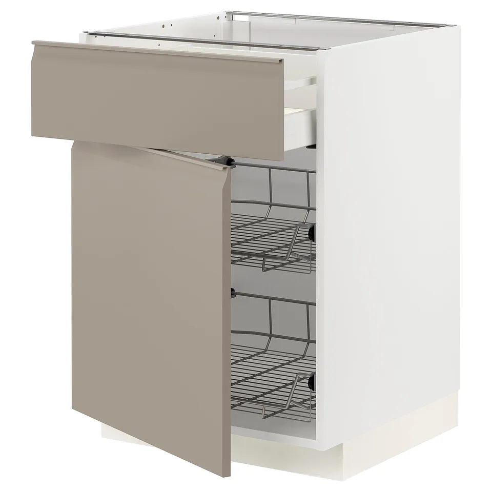 Modern kitchen cabinet with grey-beige storage solution, featuring multiple wire baskets for easy access.