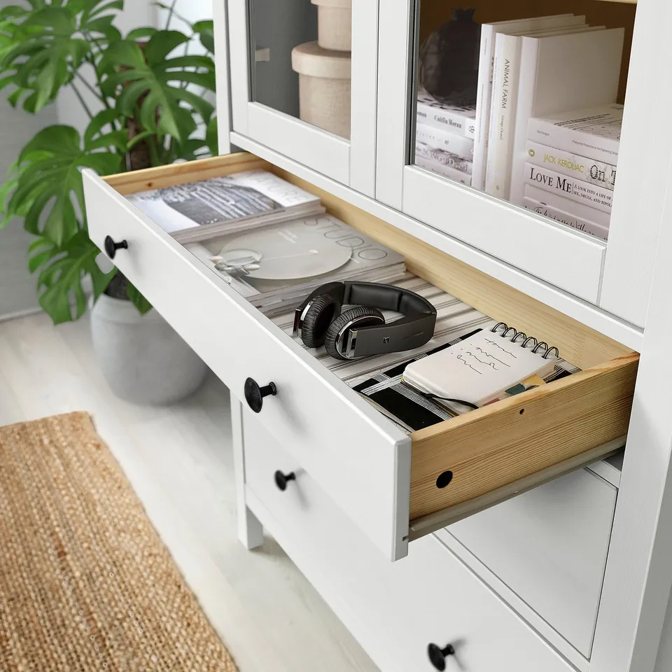 HEMNES Glass-door cabinet with 3 drawers, white stain/light brown, 90x197 cm