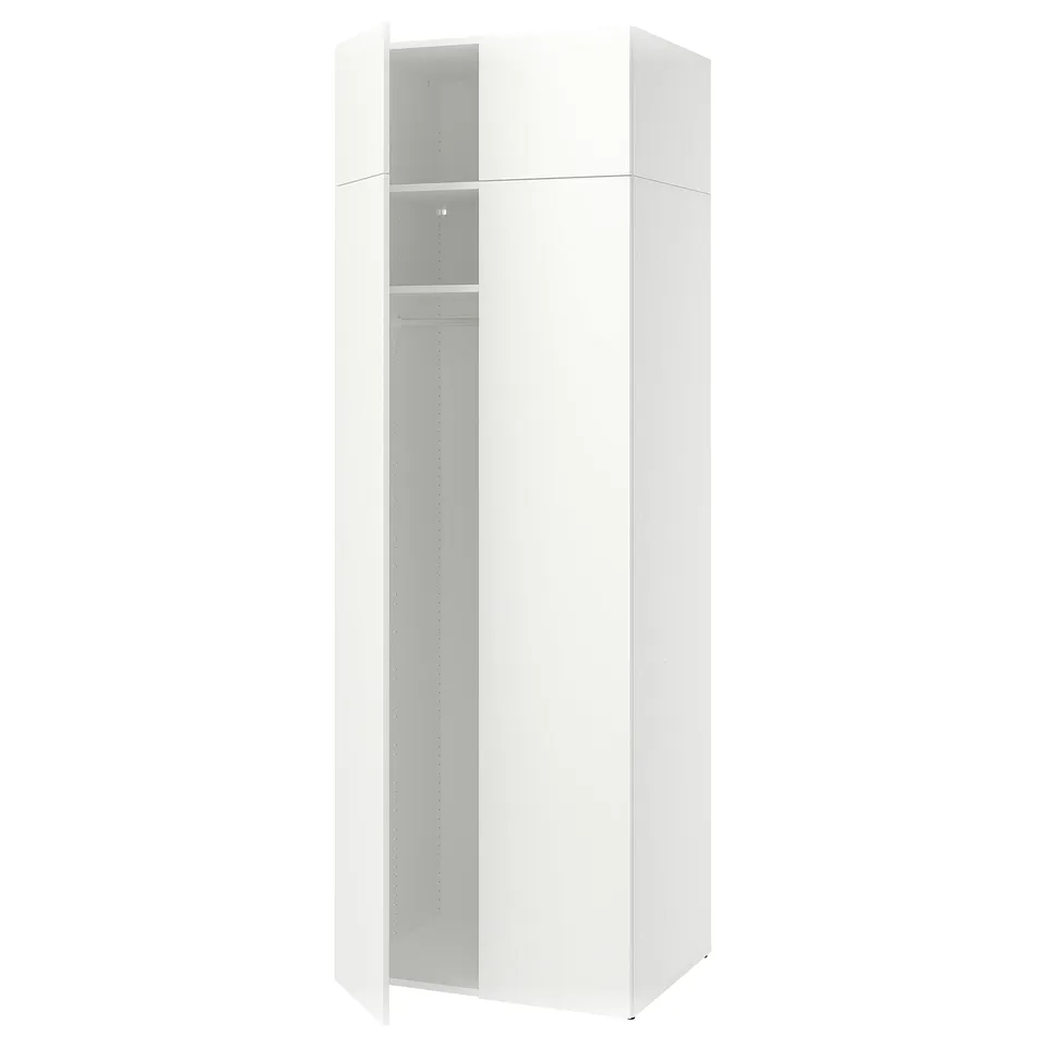 A white LASTARE wardrobe with one open door revealing shelves inside.