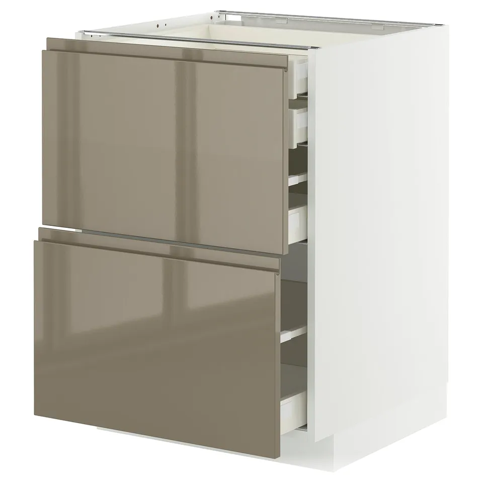 Modern kitchen cabinet, white with metallic bronze drawers, sleek handle-less design.