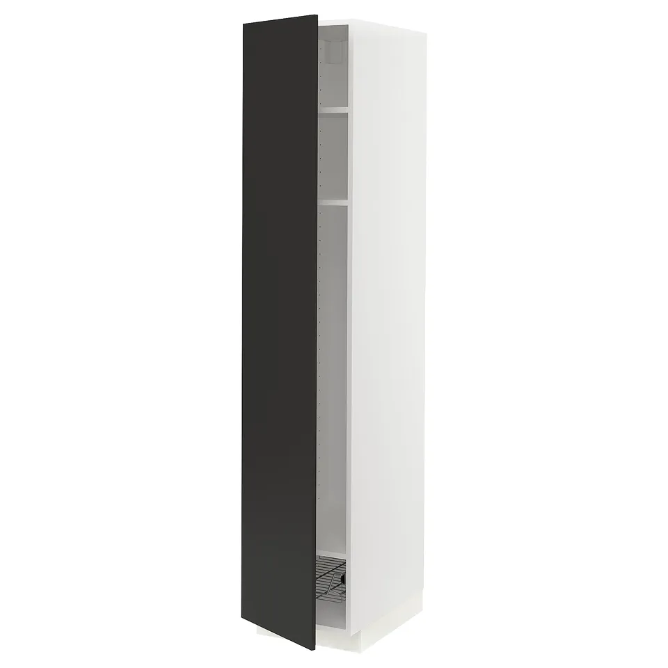 Modern METOD cabinet in white with black door open, tall rectangular shape, adjustable shelves.