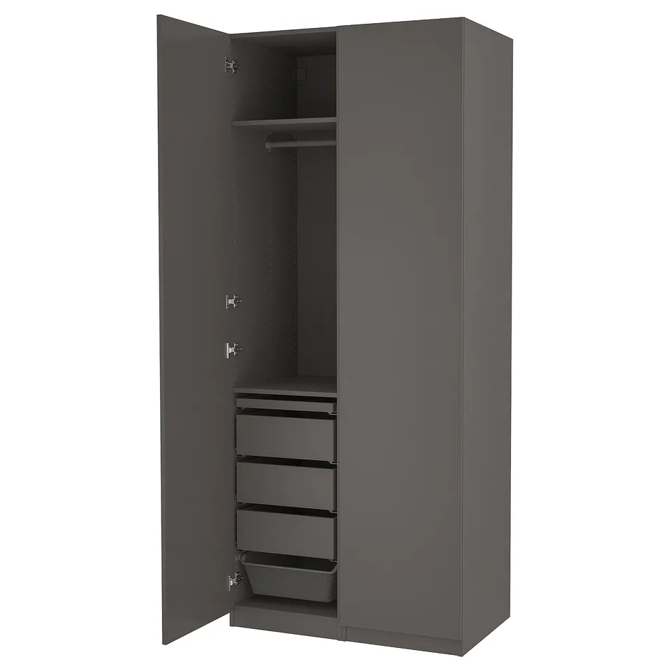 Dark grey PAX wardrobe, open, with shelves and drawers.