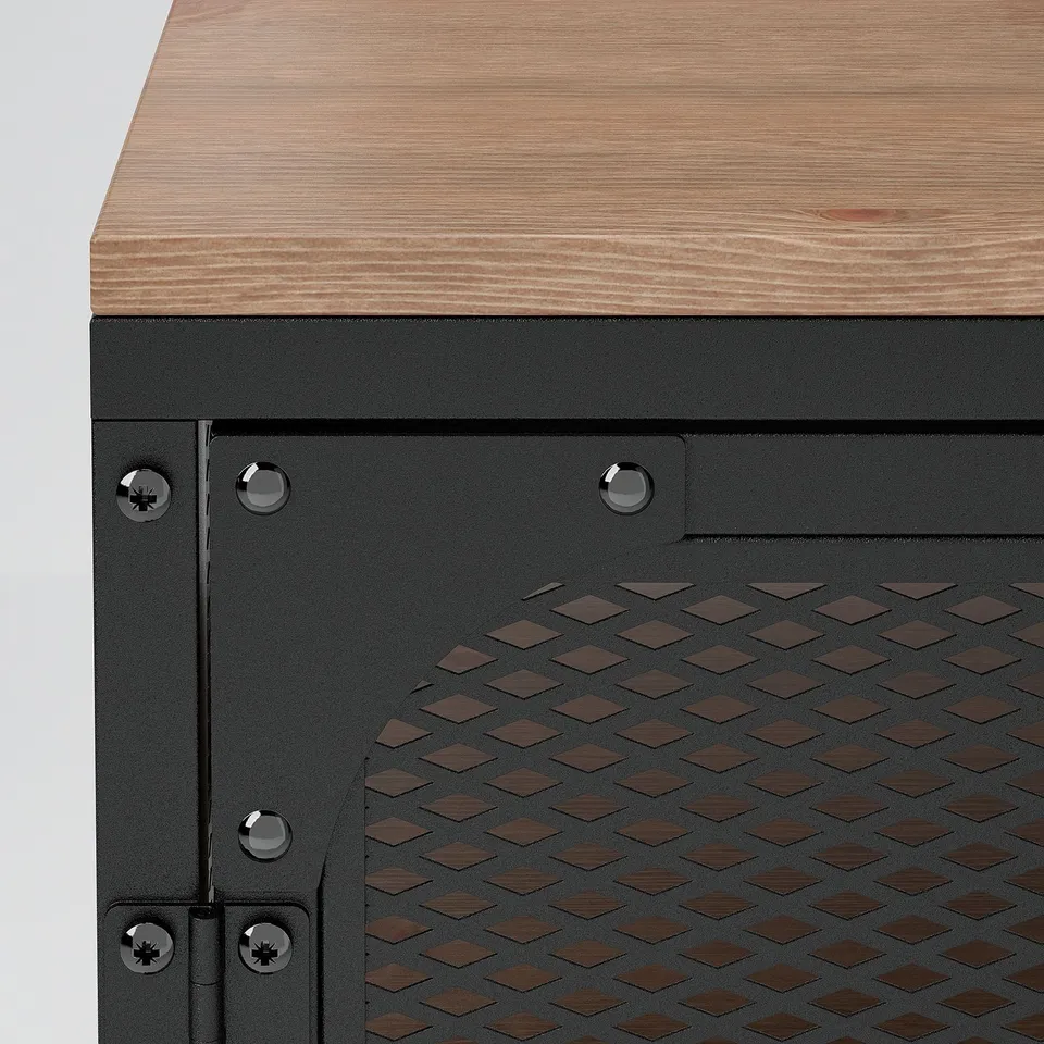 Modern wooden tv stand with industrial metal detailing. Sturdy design, natural wood grain, adjustable feet.