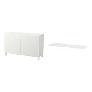 BESTÅ set: storage combination with doors + top panel, white/Laxviken/Stubbarp white + glass white/light green, 120x42x74 cm