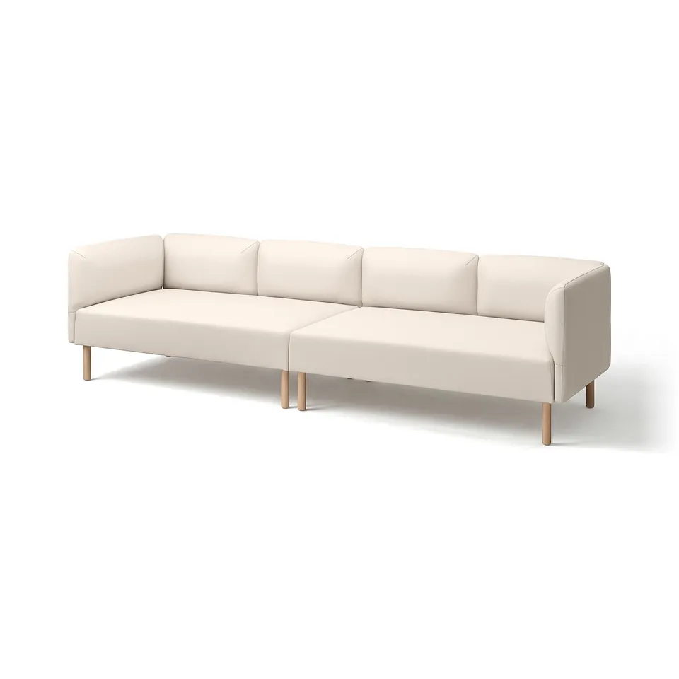 LILLEHEM: cream l-shaped sofa with wooden legs and 4 cushions.