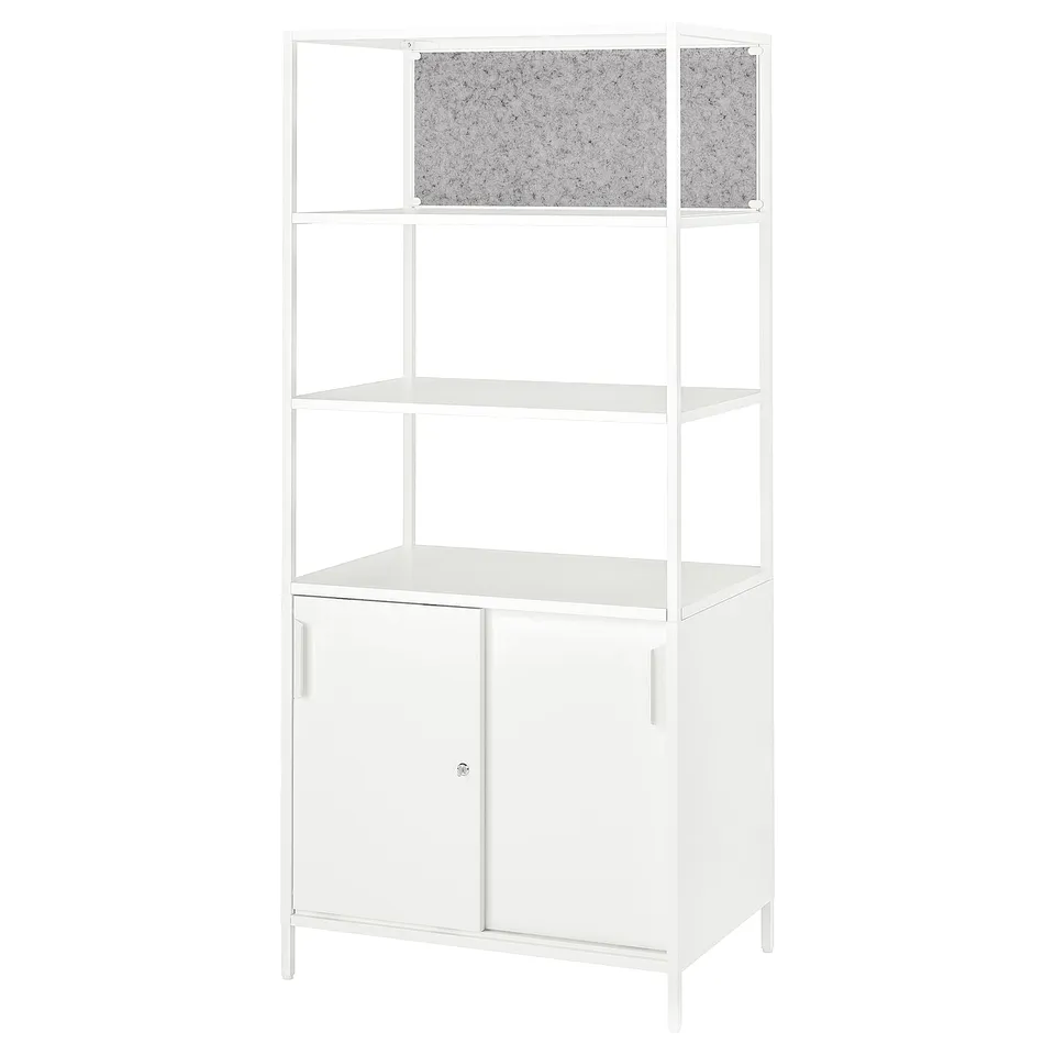 A white TROTTEN cabinet with open shelves and a single door. It a grey pin board on top and a white board below the door.