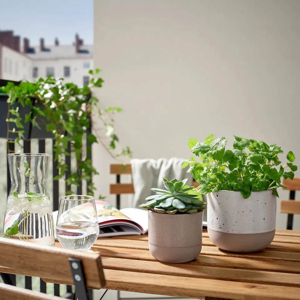 Two pinkish BUSKKAPRIFOL pots with green plants sit on a wooden balcony table, one near a glass of water and a book, surrounded by a cosy urban view.