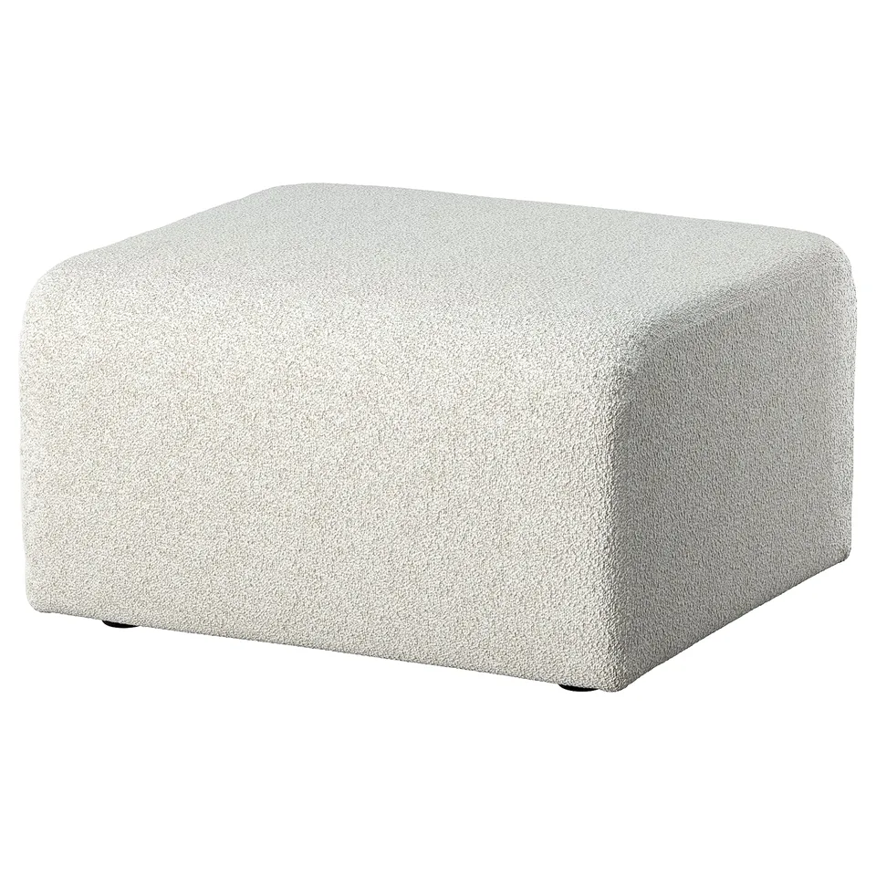 A square-shaped, light grey STOCKHOLM 2025 footrest. It a fabric cover, a modern design, and rounded edges.