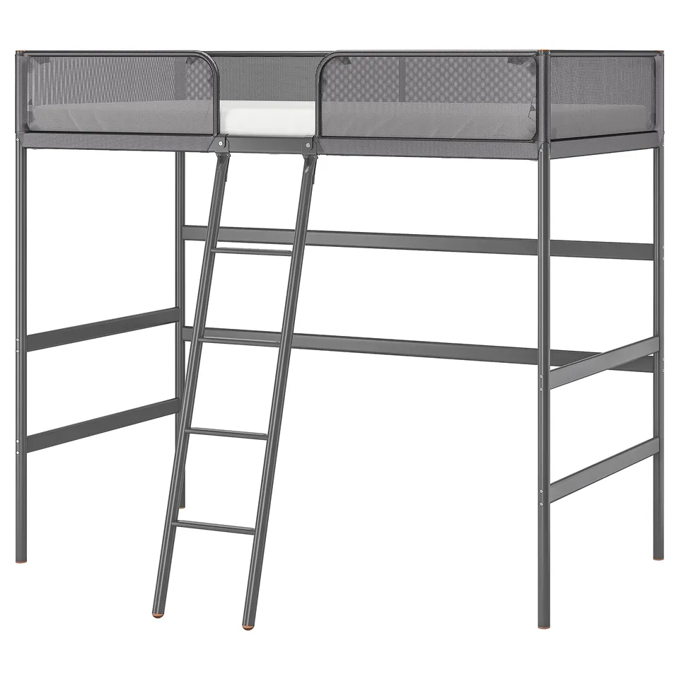 The TUFFING grey loft bed has a metal frame, raised sleeping area, and attached ladder for easy access. Ideal for small spaces.
