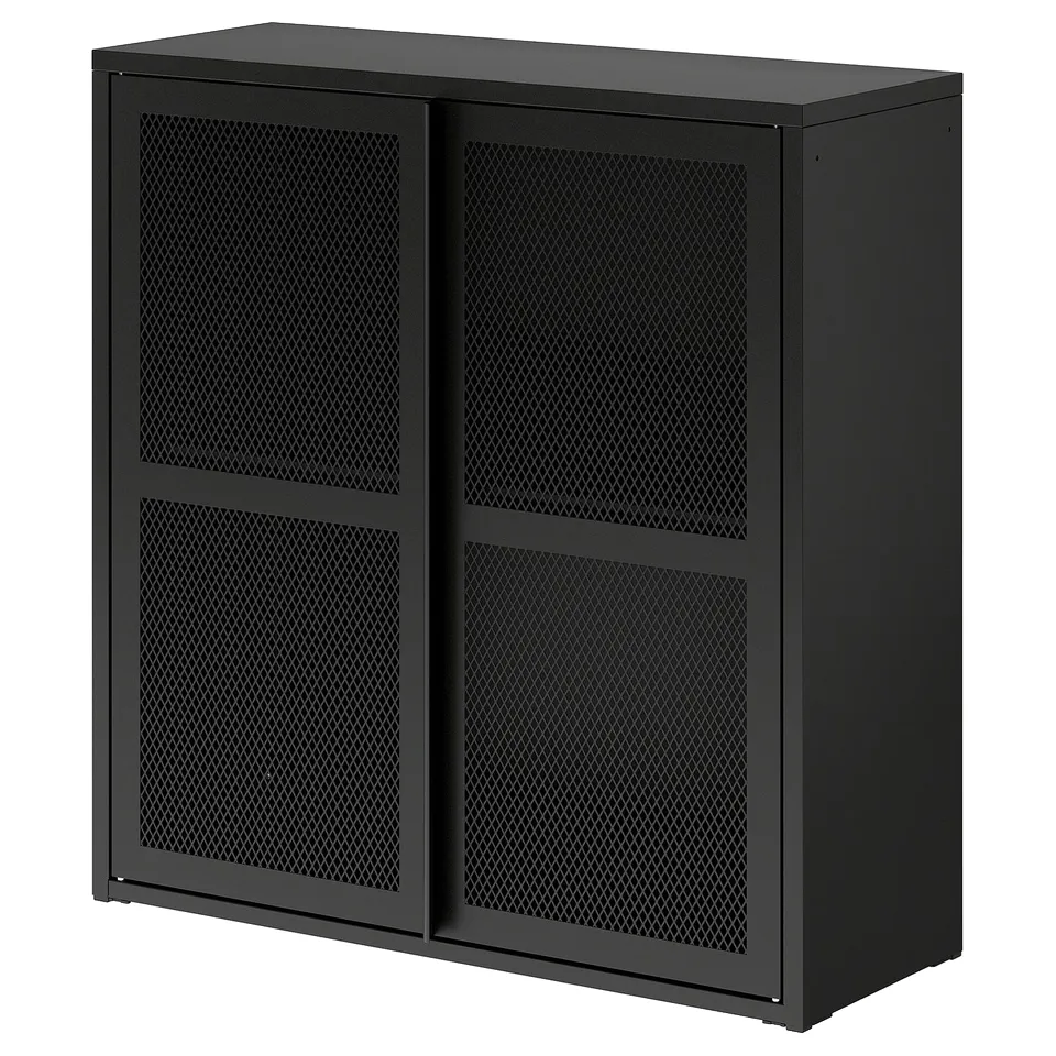 IVAR mesh cabinet, black, rectangular, mesh doors, durable steel.