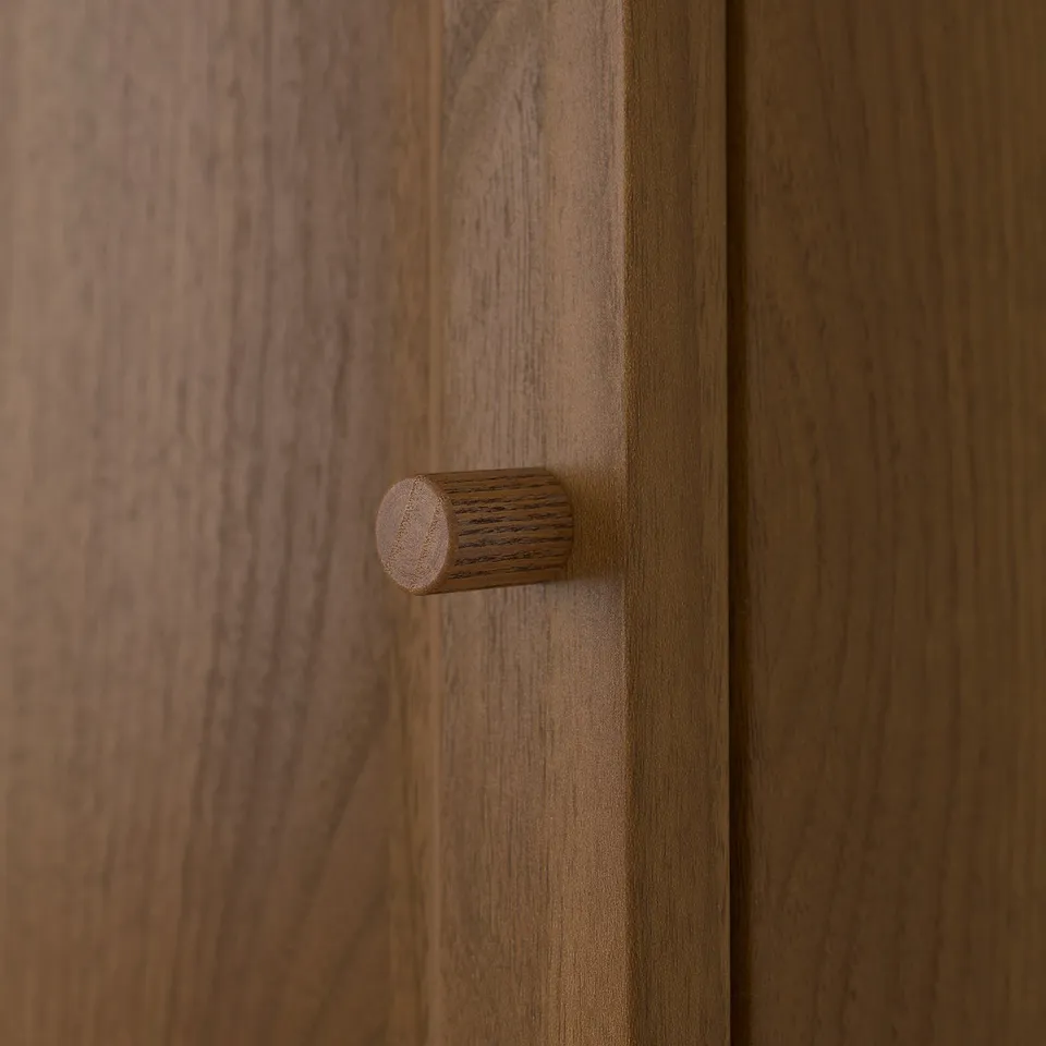 BILLY bookcase handle close-up, sleek, polished wood