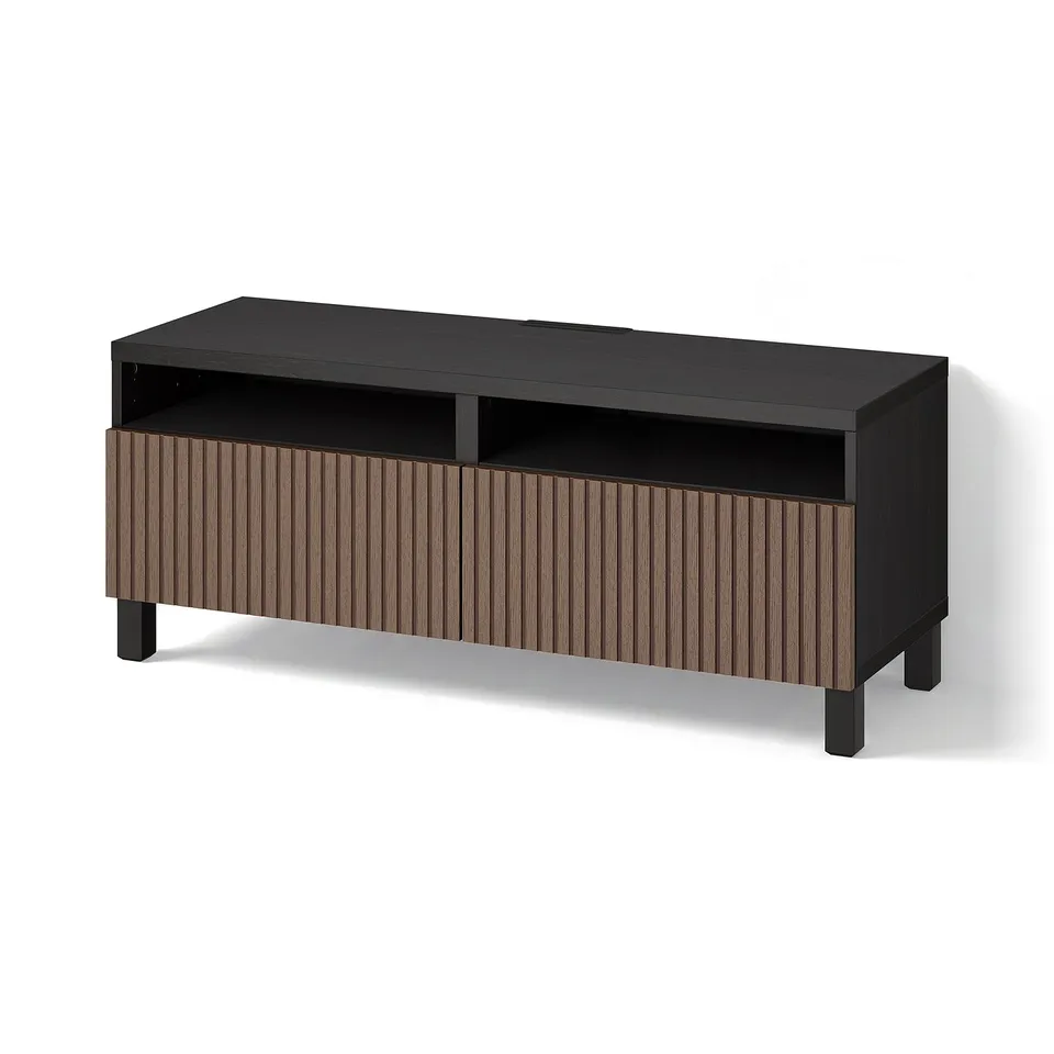 BESTÅ TV bench with drawers, black-brown Björköviken/Stubbarp/brown stained oak veneer, 120x42x48 cm