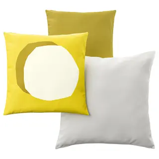 GULLBERGSÖ / HJÄRTERÖ cushion, set of 3, mixed sizes bright yellow/white/off-white out/indoor, 50x50 cm
