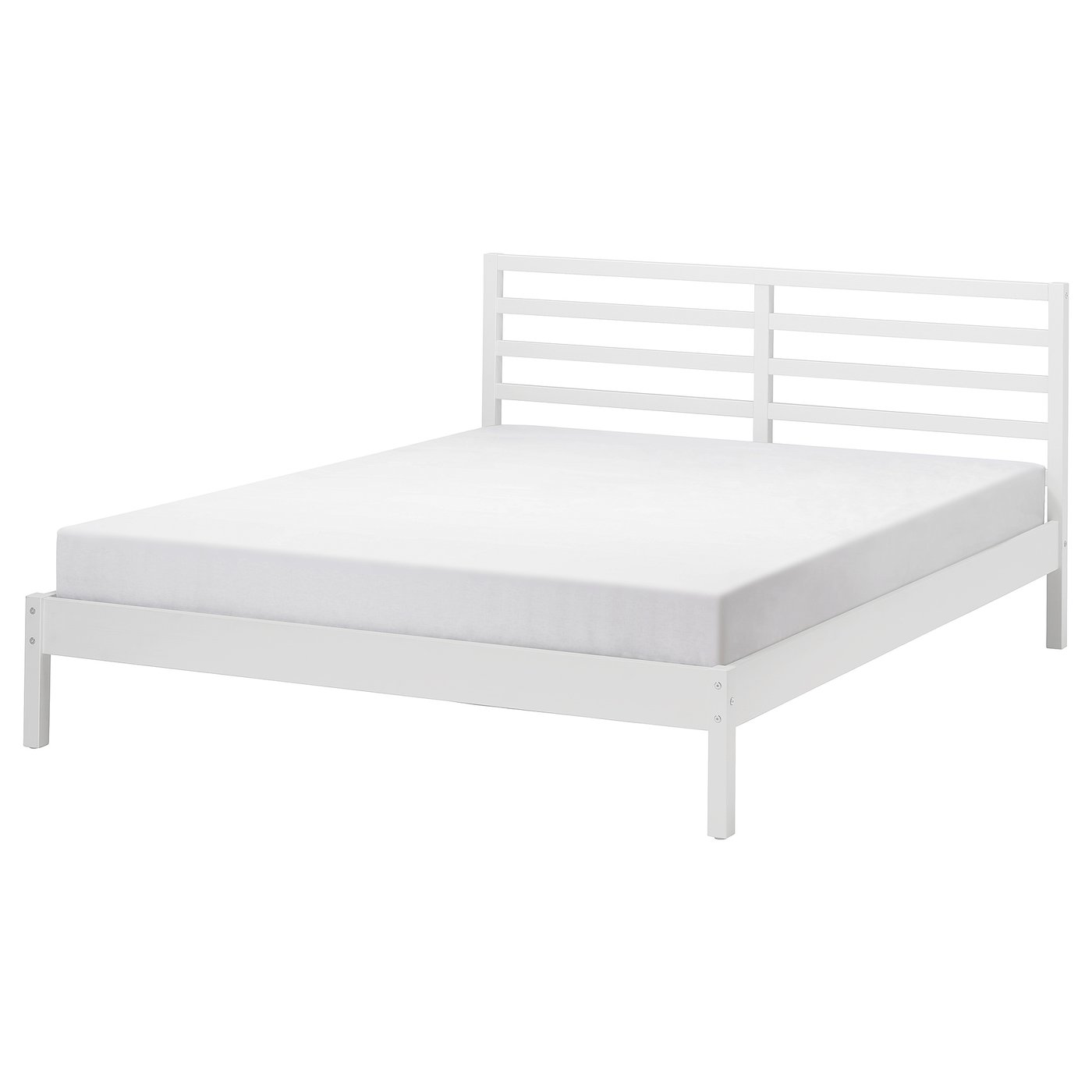 A white TARVA bed frame with a simple, clean design. It a metal headboard with horizontal slats and flat legs, supporting a basic mattress.