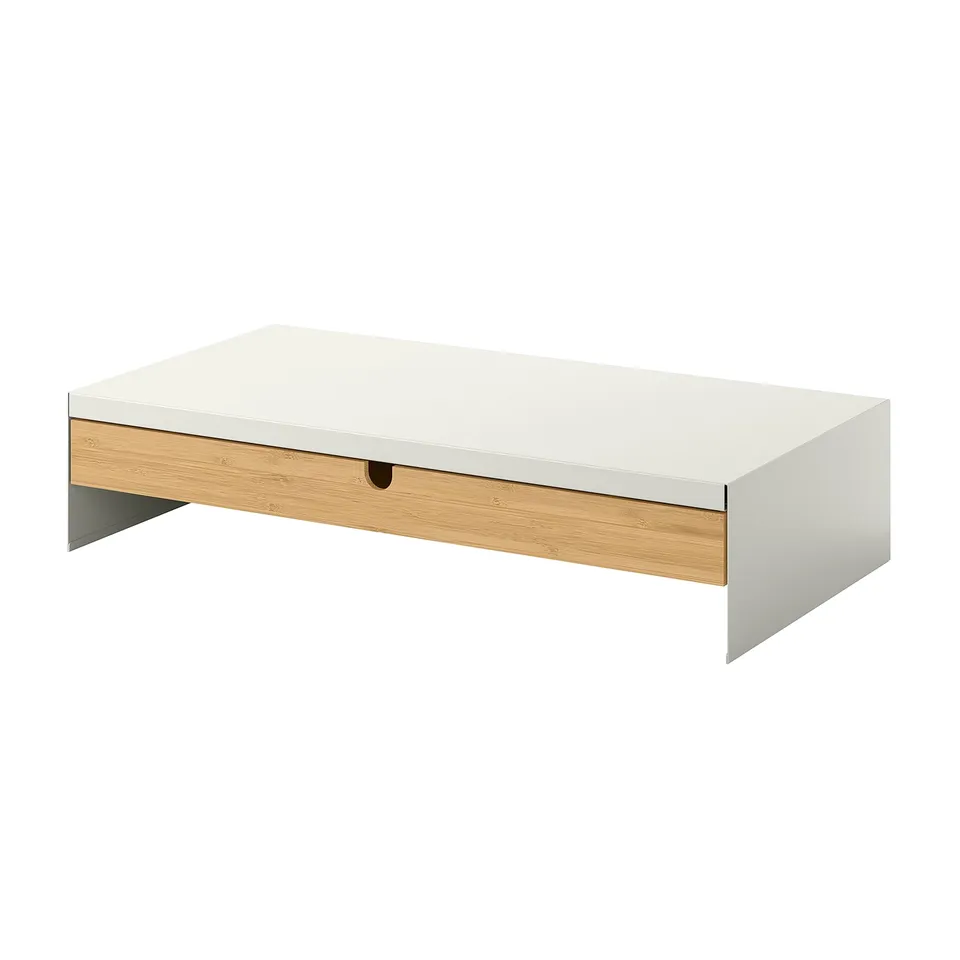 ELLOVEN white aluminium monitor stand with bamboo drawer for workspace organisation.