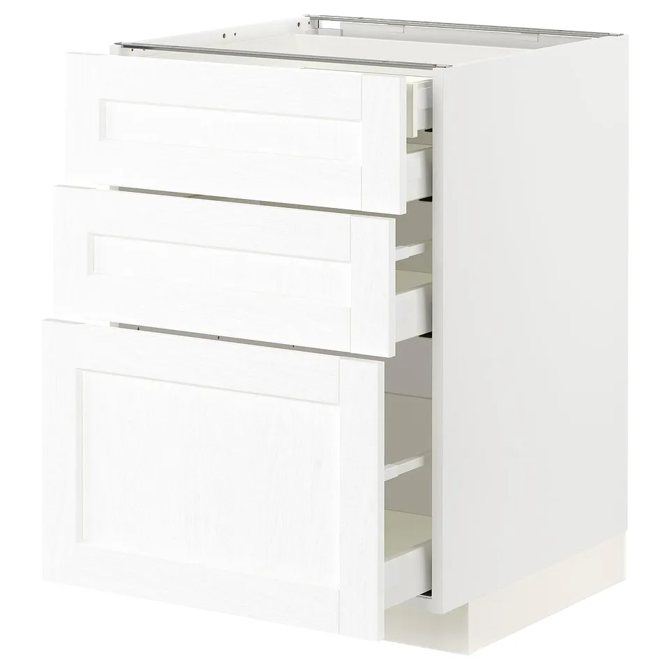 White METOD kitchen cabinet with multiple drawers, sleek modern design, smooth drawers, sturdy construction.